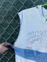 Women's or men's vintage 1970's Hanes, Made in the USA label sleeveless single stitch light blue graphic band tee with Blue Oyster Cult graphic on the front.