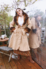 Women's vintage 1970's Domino, New York label long sleeve knee length light tan camel colored wool coat with brown genuine fur trim around collar and cuffs.