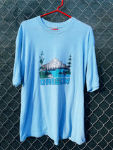Women's or men's vintage 1986's Lexington label short sleeve baby blue graphic t-shirt with Oregon mountain graphic on the front.