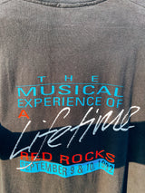 Men's or women's vintage 1992 Fruit of the Loom, Made in the USA label short sleeve black band t-shirt with white graphic on the front and back of The Mood Blues at Red Rocks, Colorado.