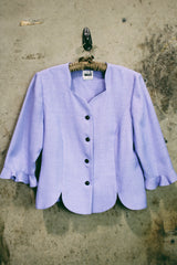 Women's vintage 1990's Leslie Fay - Dresses Petite label long sleeve lavender purple button up blazer with black buttons and scalloped trim edges.