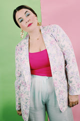 Women's vintage 1980's LORI of California by AM Casuals label long sleeve floral print blazer with one button closure. White with pink and blue flowers. Lightweight cotton material.
