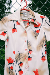 Women's vintage 1970's Puritan Forever Young label matching set. Short sleeve midi length dress and matching long sleeve open front cardigan in polyester. Cream with all over red floral print.