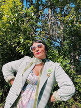 Women's or men's vintage 1970's JCPenny label long sleeve blazer in polyester material. Has a all over light green and white houndstooth print.