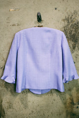 Women's vintage 1990's Leslie Fay - Dresses Petite label long sleeve lavender purple button up blazer with black buttons and scalloped trim edges.
