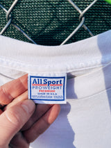 Men's or women's vintage 1990's All Sport Proweight Preshrunk, Made in USA label XXL short sleeve white t-shirt with blue garage sale graphic on the front.