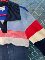 Men's or women's vintage 1970's Made exclusively for Collageman label long sleeve pullover sweater with suede front and a collar. Black, red, yellow, and blue collars.