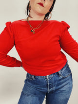 Women's vintage 1980's red velour velvet pullover sweater with ribbed trim and a boat neckline.