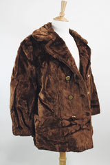 Women's vintage 1960's Sears Fashions label long sleeve double breasted chocolate brown faux fur pea coat with big gold buttons.