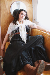 1970's cream colored lace triangle shaped scarf with long fringe trim that can also be worn as a shawl.