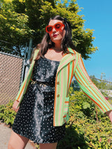 Women's vintage 1970's Jack Winter label long sleeve striped blazer with gold button closure. Lime green, orange, and tan colors in polyester material.