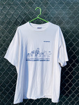 Men's or women's vintage 1990's All Sport Proweight Preshrunk, Made in USA label XXL short sleeve white t-shirt with blue garage sale graphic on the front.