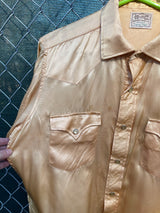 Men's vintage 1950's H Bar C Ranchwear, Long Tail label long sleeve western shirt in satin yellow color with pearly snap buttons.