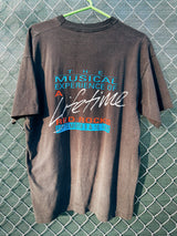 Men's or women's vintage 1992 Fruit of the Loom, Made in the USA label short sleeve black band t-shirt with white graphic on the front and back of The Mood Blues at Red Rocks, Colorado.