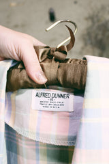 Women's vintage 1990's Alfred Dunner, Made in USA label long sleeve lightweight checkered plaid blazer with a one button closure in pink, blue, green, and yellow pastel colors.