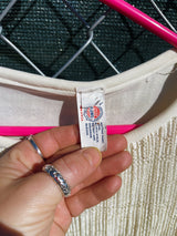 Women's vintage 1970's Union Made long sleeve midi length dress in cream white polyester with lace top and sleeves.