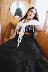 1970's cream colored lace triangle shaped scarf with long fringe trim that can also be worn as a shawl.