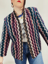 Women's vintage 1980's Graff Petite, Made In USA label long sleeve open front nubby acrylic cardigan sweater with a multicolored zig zag print.