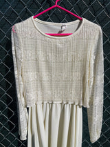 Women's vintage 1970's Union Made long sleeve midi length dress in cream white polyester with lace top and sleeves.