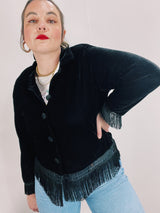 long sleeve button up sweater with fringe trim