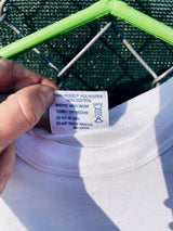 Women's or men's vintage 1986 Tee Jays, Made in USA label short sleeve white raglan t-shirt with Alabama band tour graphic on front and back.