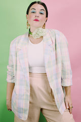 Women's vintage 1990's Alfred Dunner, Made in USA label long sleeve lightweight checkered plaid blazer with a one button closure in pink, blue, green, and yellow pastel colors.