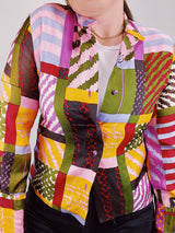 multicolored printed button up blouse