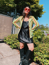 Women's vintage 1970's Jack Winter label long sleeve striped blazer with gold button closure. Lime green, orange, and tan colors in polyester material.