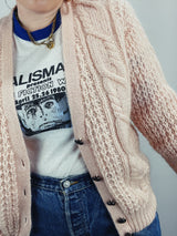 Women's vintage 1990's Karen Scott label long sleeve pale pink mohair button up cardigan with cable knit texture.Women's vintage 1990's Karen Scott label long sleeve pale pink mohair button up cardigan with cable knit texture.