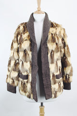 Women's vintage 1960's Hopper Furs, St. Louis label long sleeve open front cardigan jacket with all over patchwork multicolored fur and a rib knit trim.