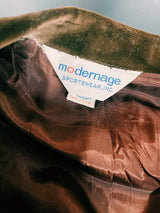 Women's vintage Modernage Sportswear Inc. label long sleeve chocolate brown velvet blazer with button front closure and double lapel.