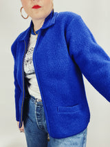 long sleeve blue boiled wool zip up cardigan sweater