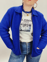 long sleeve blue boiled wool zip up cardigan sweater