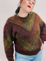 long sleeve mohair pullover sweater in maroon and green