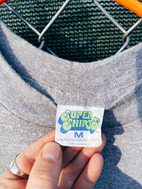 Women's or men's vintage 1983 Super Shirts, Made in USA label Medium short sleeve heather grey t-shirt with cartoon cat graphic on the front in blue, black, and white.