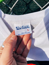 Women's or men's vintage 1986 Tee Jays, Made in USA label short sleeve white raglan t-shirt with Alabama band tour graphic on front and back.