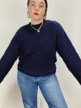 Men's or women's vintage 1980's long sleeve pullover crew neck sweater in dark navy blue in mohair material.
