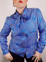 long sleeve blue tie neck blouse
