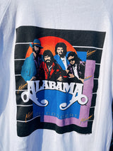 Women's or men's vintage 1986 Tee Jays, Made in USA label short sleeve white raglan t-shirt with Alabama band tour graphic on front and back.