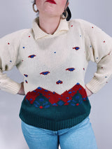 long sleeve cream pullover sweater with collar and mountain print