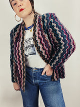 Women's vintage 1980's Graff Petite, Made In USA label long sleeve open front nubby acrylic cardigan sweater with a multicolored zig zag print.