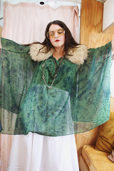 Women's vintage 1990's green and navy sheer polyester material cape top. Has no armholes, just a hole for your head. Tie dye print.
