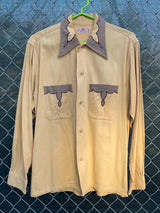 Men's vintage 1950's Brent label long sleeve button up shirt with dagger collar in a yellow collar and grey trim with a western style.