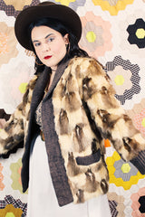 Women's vintage 1960's Hopper Furs, St. Louis label long sleeve open front cardigan jacket with all over patchwork multicolored fur and a rib knit trim.