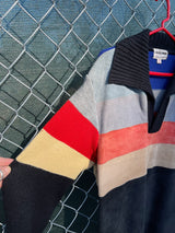 Men's or women's vintage 1970's Made exclusively for Collageman label long sleeve pullover sweater with suede front and a collar. Black, red, yellow, and blue collars.
