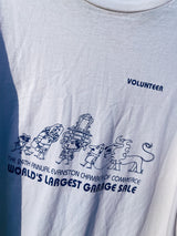 Men's or women's vintage 1990's All Sport Proweight Preshrunk, Made in USA label XXL short sleeve white t-shirt with blue garage sale graphic on the front.