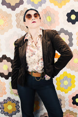 Women's vintage Modernage Sportswear Inc. label long sleeve chocolate brown velvet blazer with button front closure and double lapel.