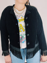 long sleeve button up sweater with fringe trim