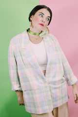 Women's vintage 1990's Alfred Dunner, Made in USA label long sleeve lightweight checkered plaid blazer with a one button closure in pink, blue, green, and yellow pastel colors.