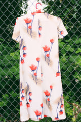 Women's vintage 1970's Puritan Forever Young label matching set. Short sleeve midi length dress and matching long sleeve open front cardigan in polyester. Cream with all over red floral print.